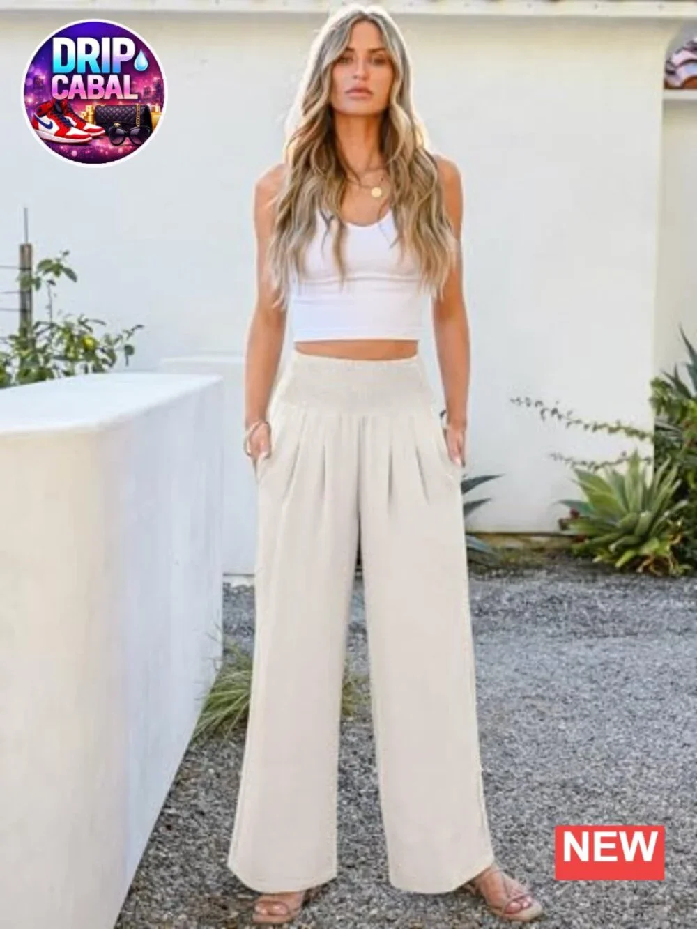 Women Wide Leg Palazzo Pants with Pockets Smocked High Waist Loose Fit Casual